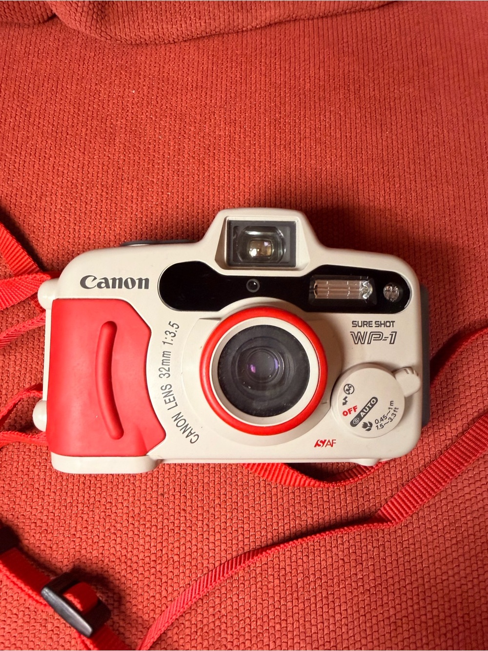 Canon WP-1 35mm Film Camera in White and Red Accents
